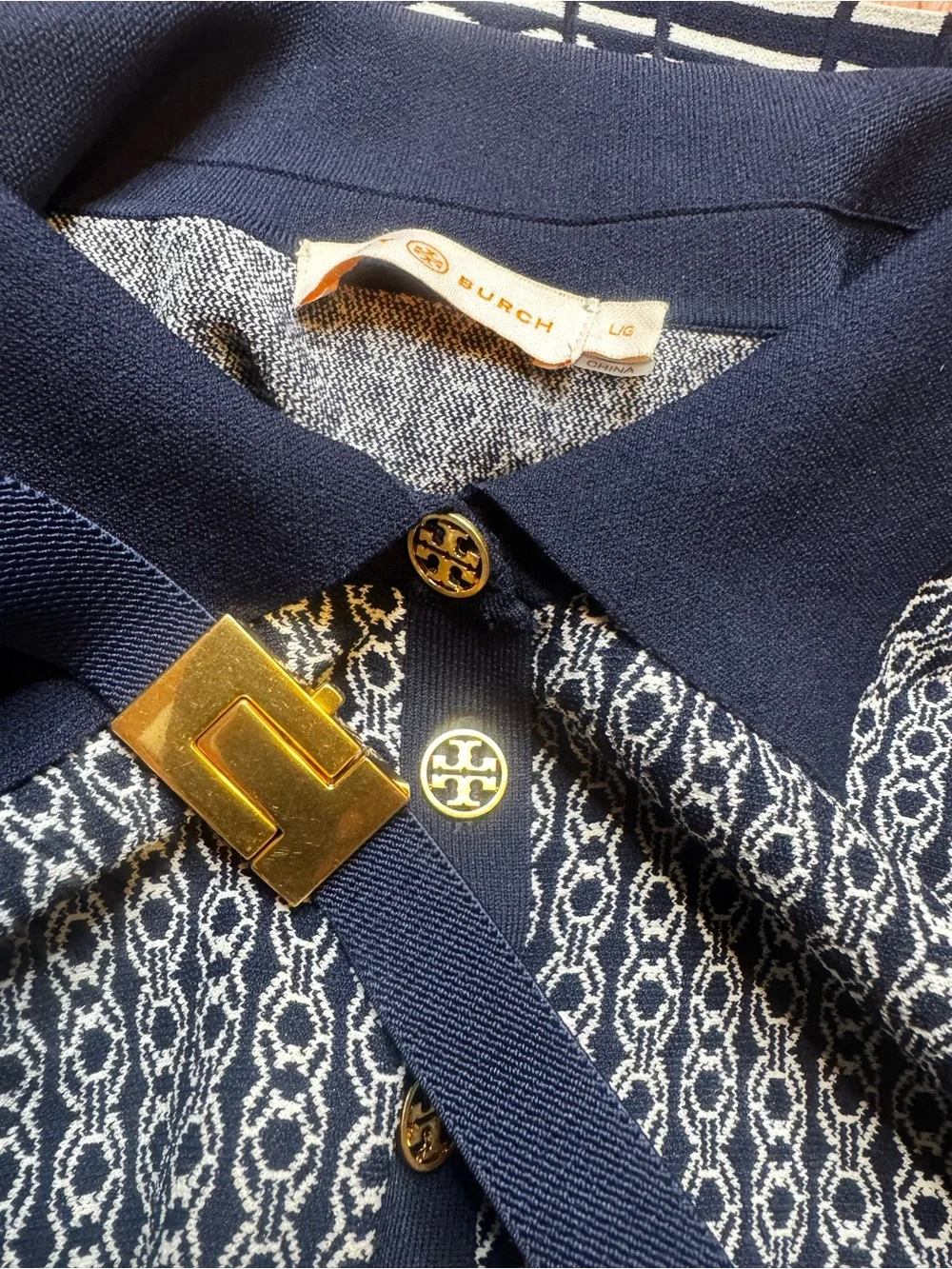 NWOT Tory Burch Gemini Link Jacquard Dress In Classic Ivory Tory Navy. Size L